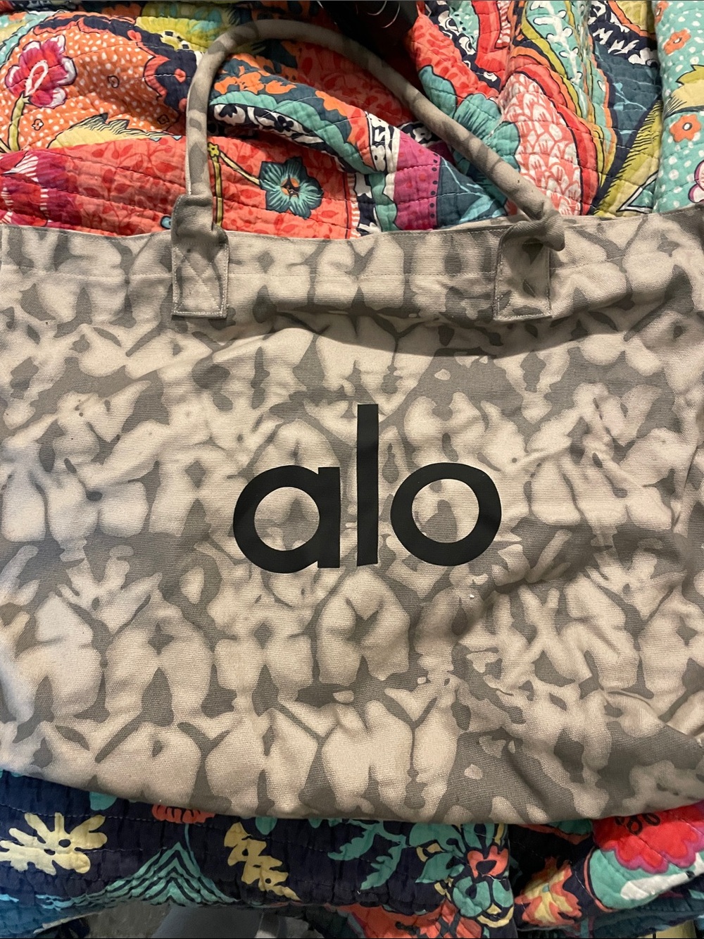 ALO Yoga Gray Tie-Dye Canvas Tote with Black Logo